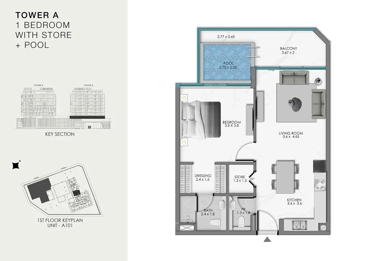 1 Bedroom 1 Bedroom + Store + Pool - A plan