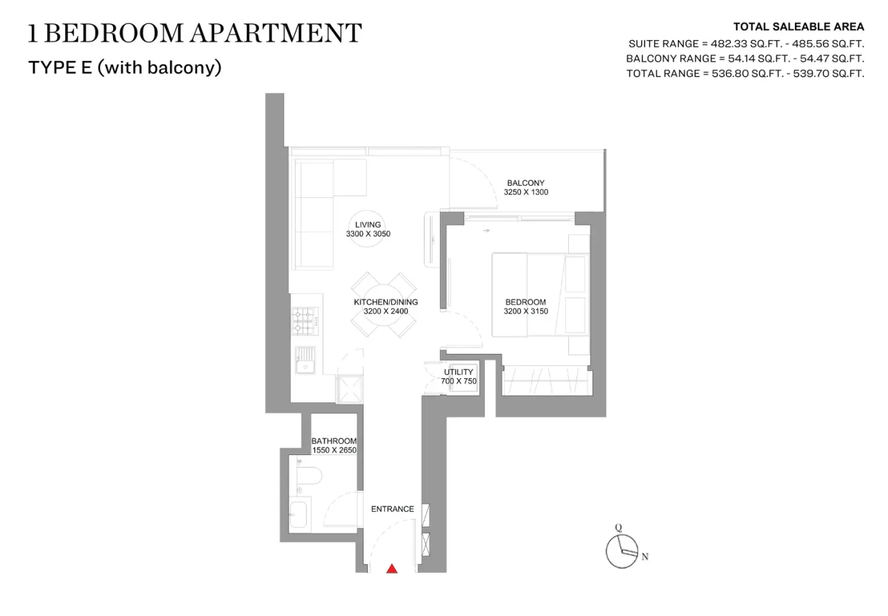 1 Bedroom 1 Bedroom Apartment Type E (with balcony) plan