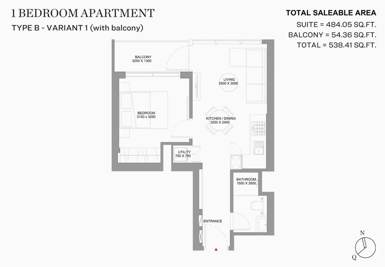 1 Bedroom 1 Bedroom Apartment Type B Variant 1 (With-Balcony) plan
