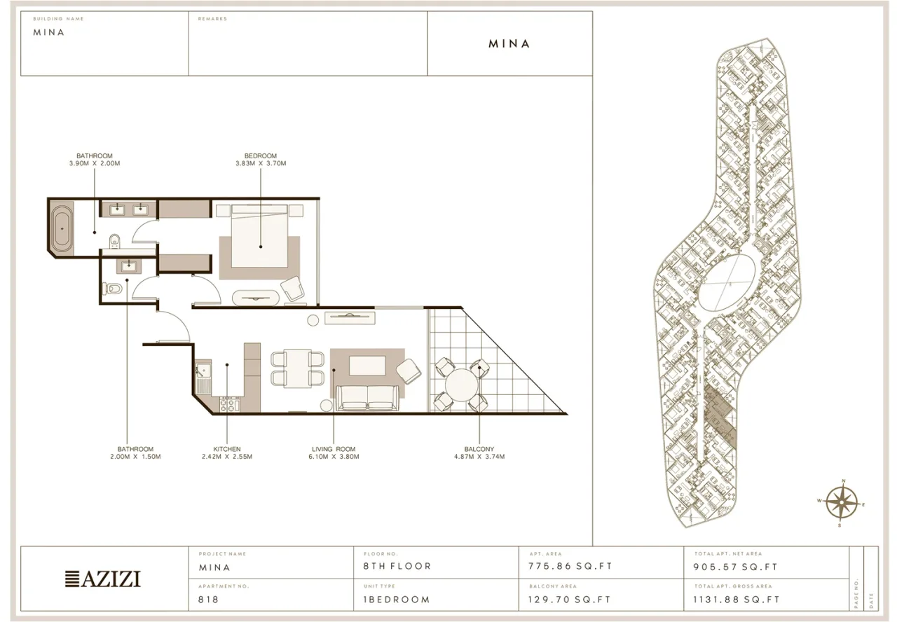 Azizi Mina – 1 Bedroom 1 Bedroom - 1 floor plan